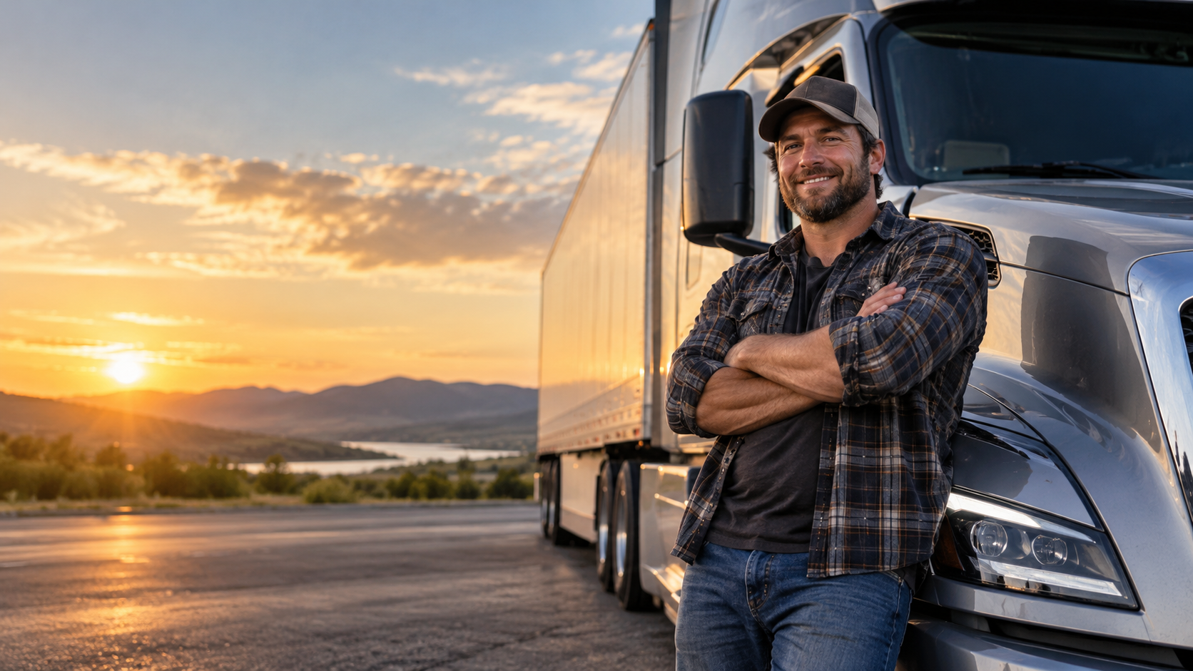 A smiling truck driver standing beside a semi truck at sunset